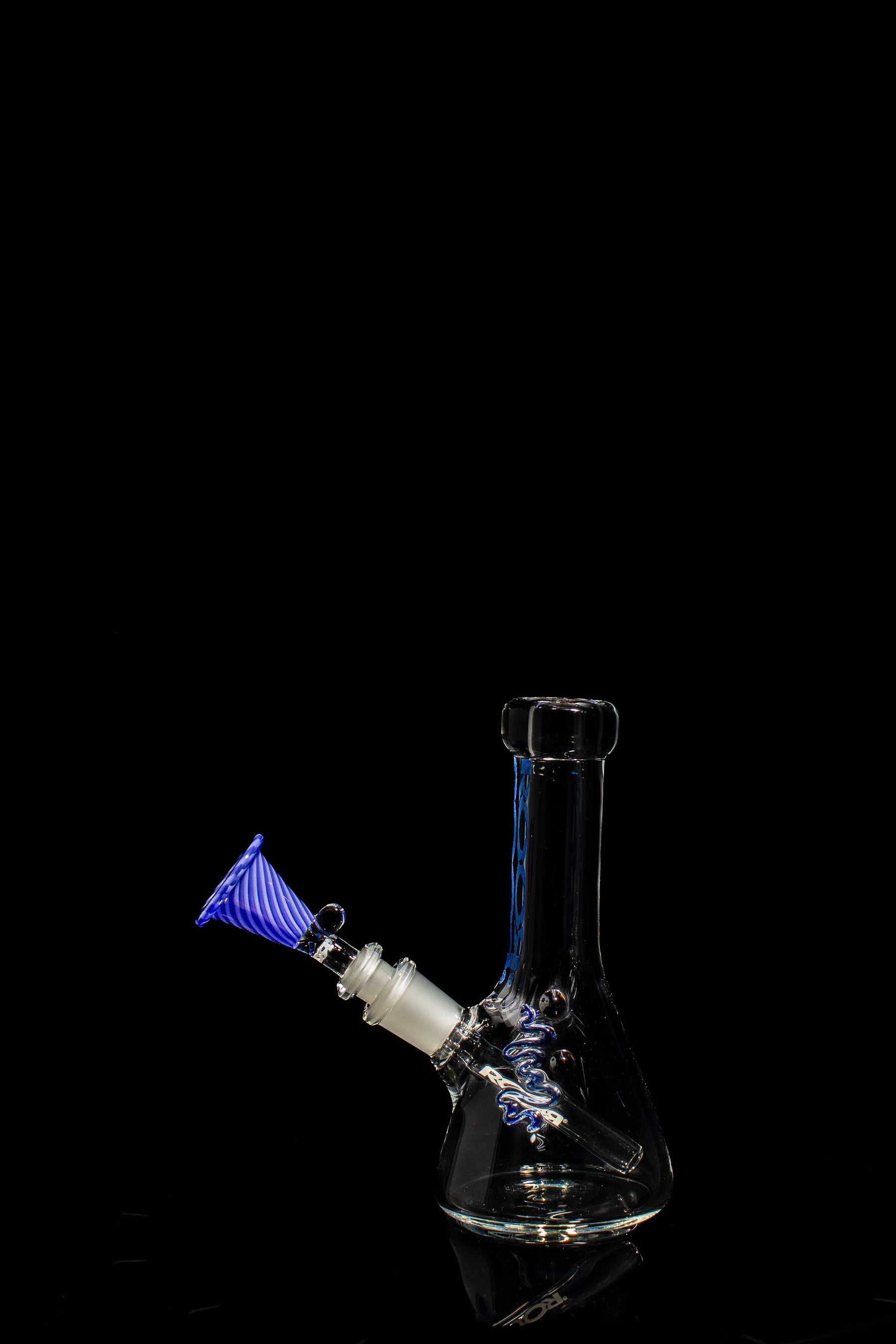 ROOR Micro 6" clear beaker bong with Too Blue decal and custom 10mm purple candy cane bowl