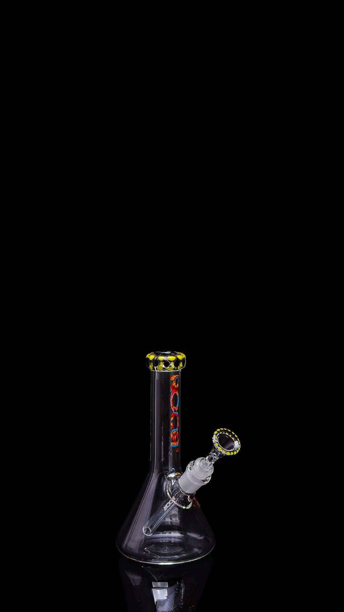 ROOR® Micro 6" Beaker with Custom Color Dots and Tie Dye Decal on Black Background.