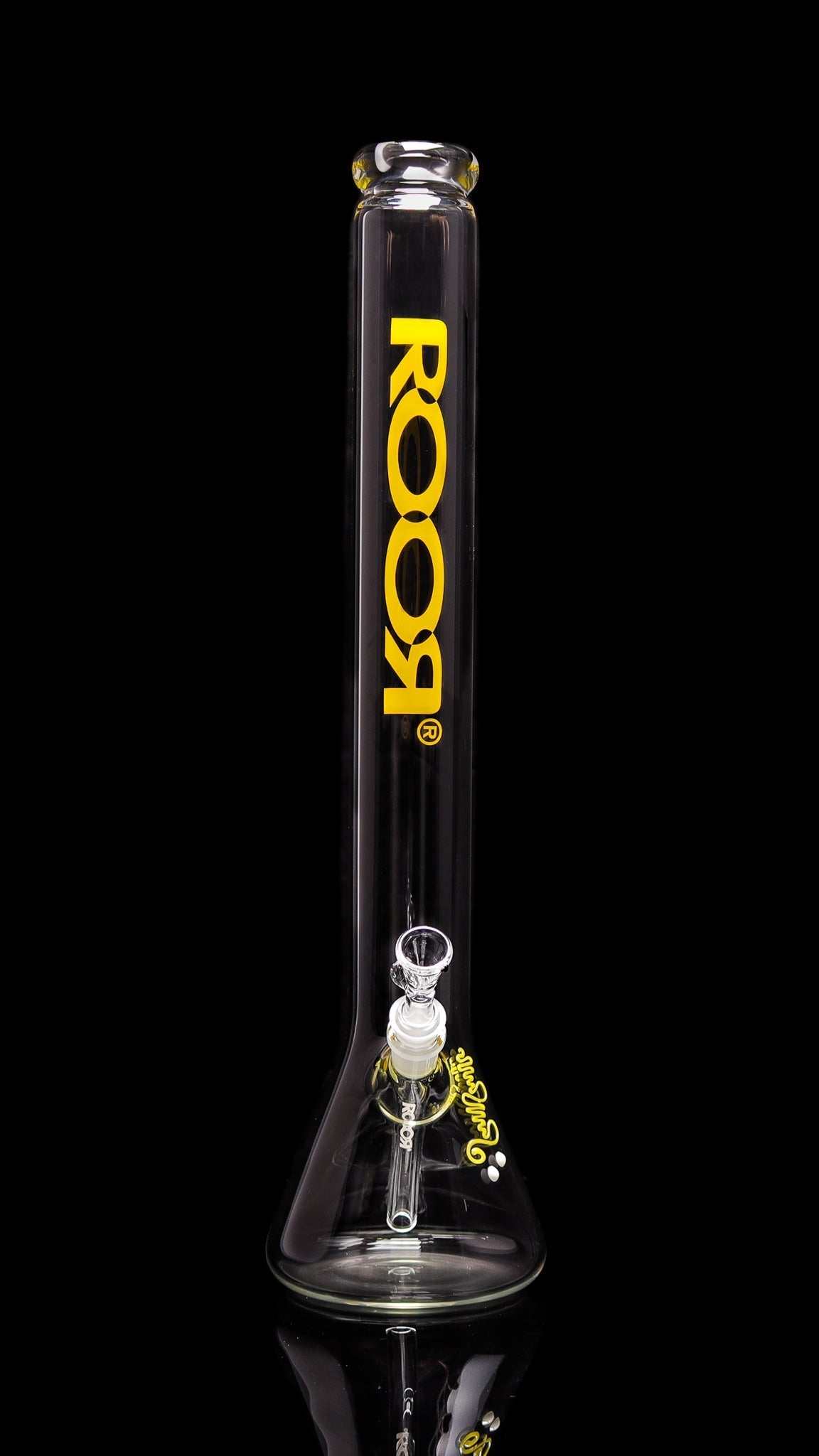 ROOR® 22” Zeaker 60mm glass beaker with yellow decal on black background.