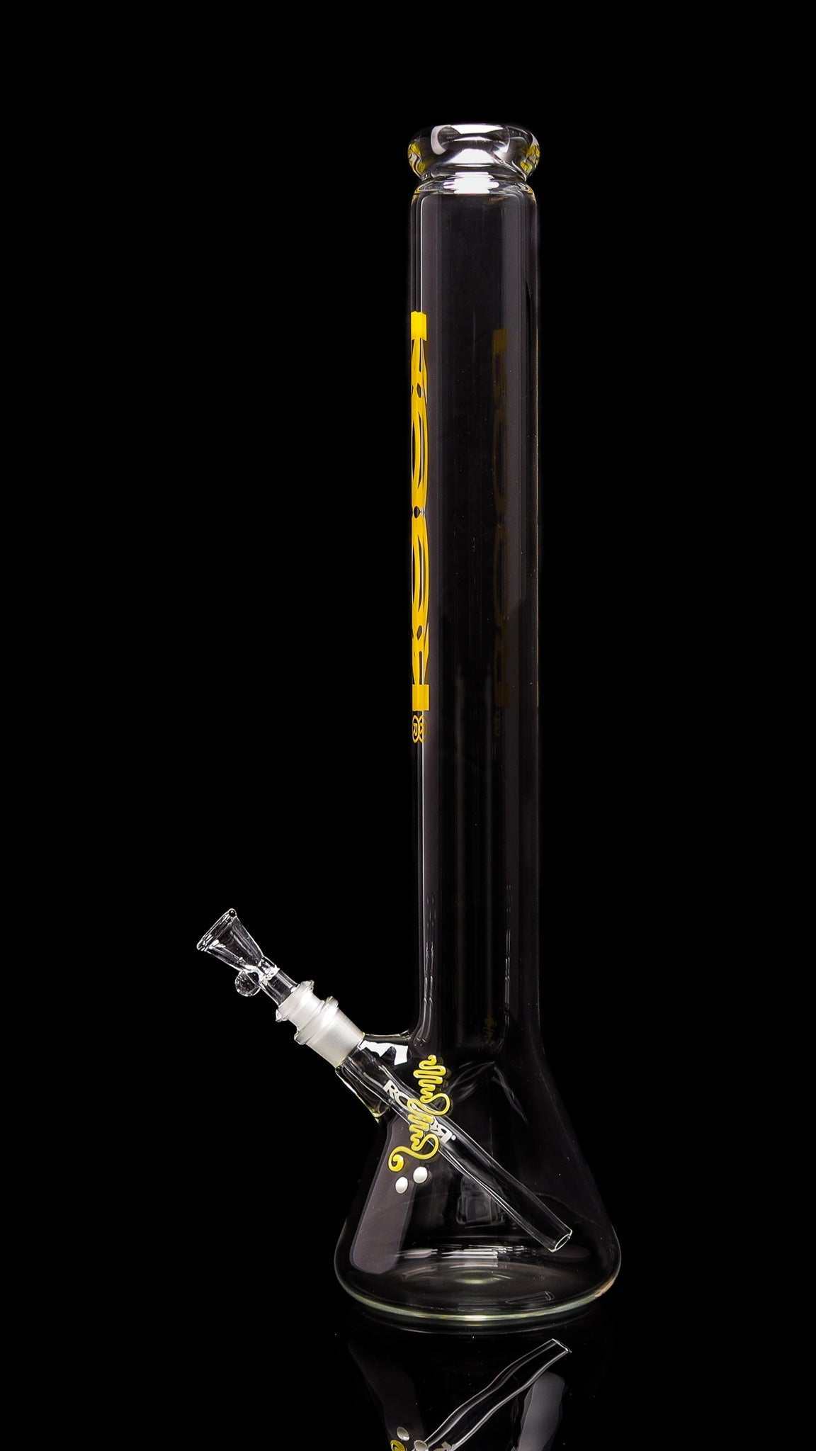 ROOR® 22” Zeaker 60mm x 5mm glass beaker bong with yellow decal on black background.