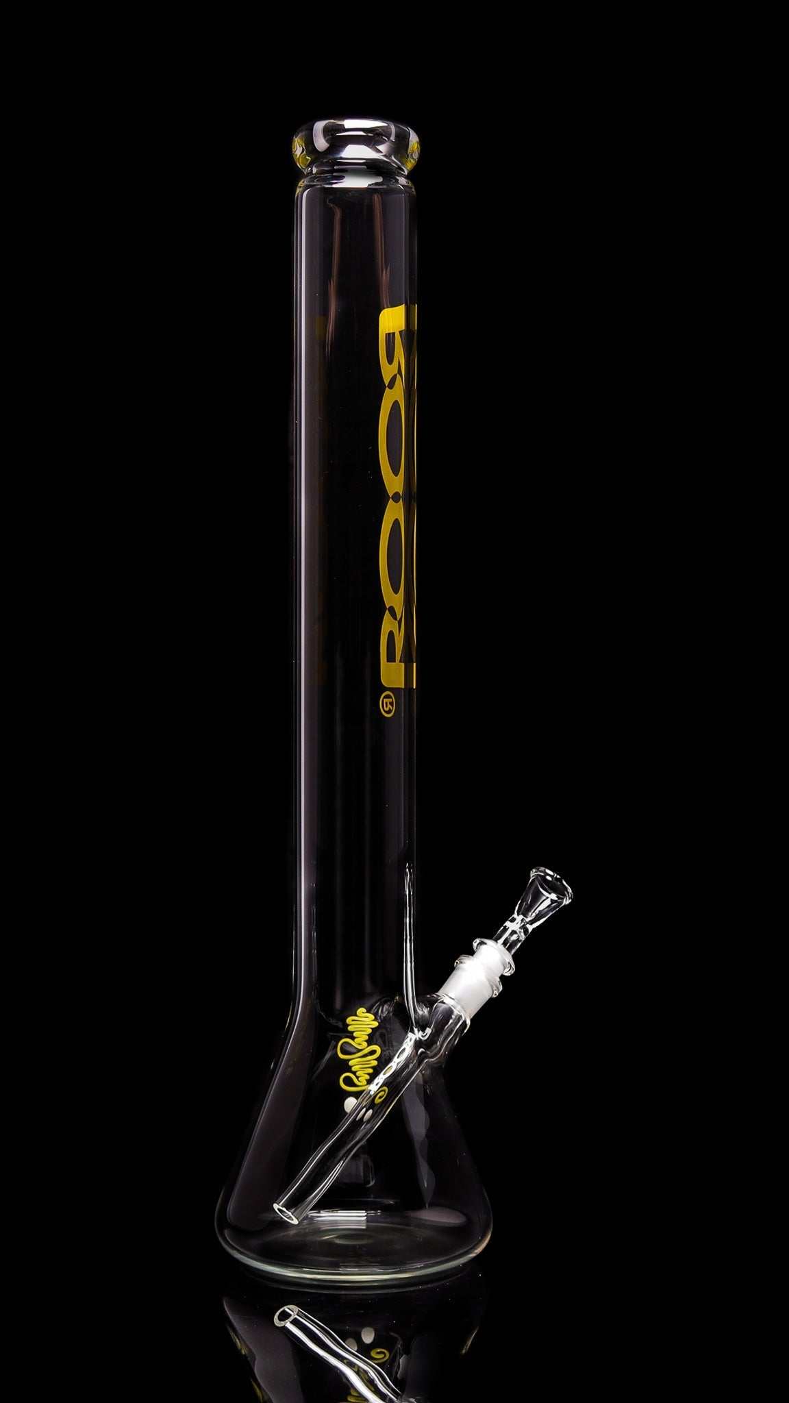 ROOR® 22” Zeaker 60mm glass beaker with yellow decal on a black background.