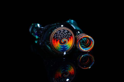 ROOR® Custom Worked Hand Pipe Jade Chillum Set with Rainbow Swirl pattern on black background.