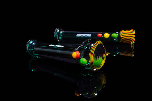 ROOR® Custom Worked Hand Pipe Jade Chillum Set with Rasta Swirl design, glass pipes on black background.