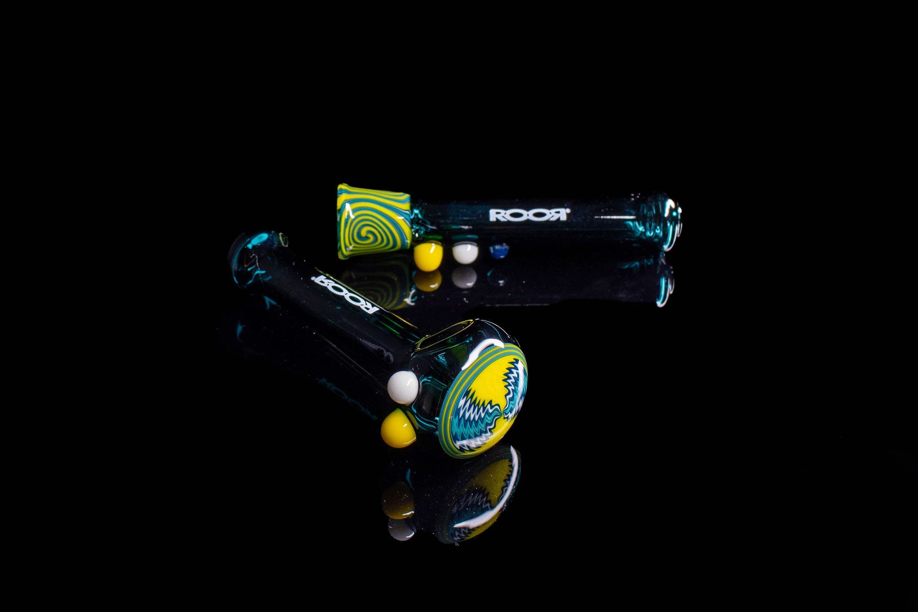 ROOR® Custom Worked Hand Pipe and Chillum Set with yellow and blue swirl glass design