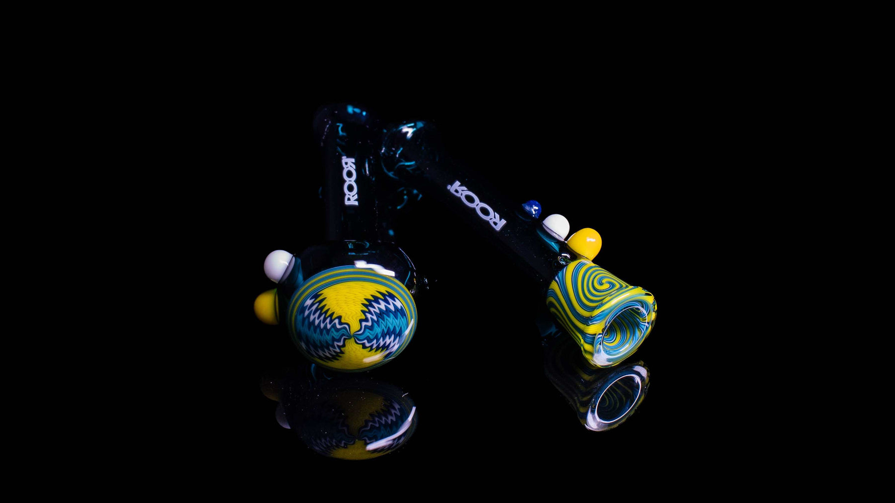 ROOR® Custom Worked Hand Pipe and Chillum Set yellow blue swirl thick heavy-duty glass spoon-style pipe with carb hole and fixed ash catcher