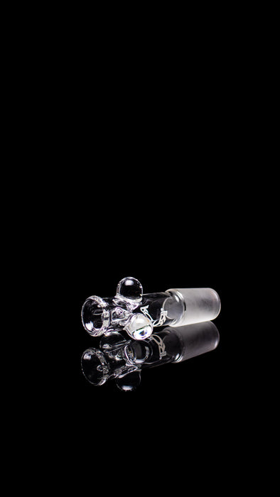 ROOR® Tech Bowl 18mm with clear glass, flared lip, and opal-shaped glass drops on black background.