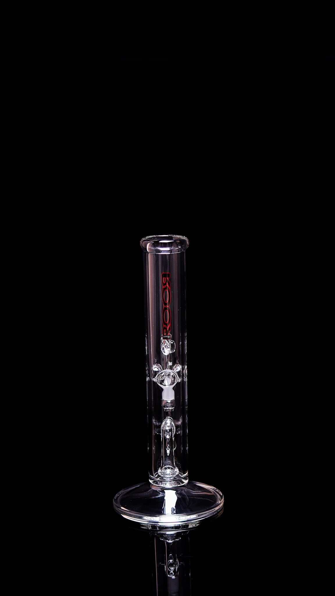 ROOR® Tech Mini Fixed 10” Straight Tube 38x4mm Clear Glass with Red Decal on Black Background