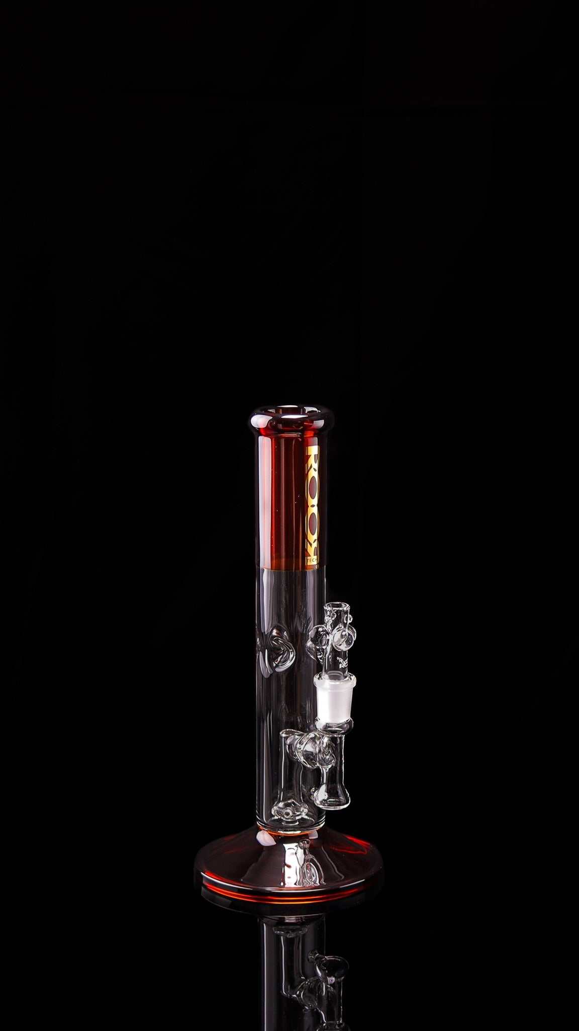 ROOR® Tech Mini Fixed 10” straight tube, amber accents, made from durable 38x4mm German Duran Schott glass, featuring built-in debris catcher and ice pinches.