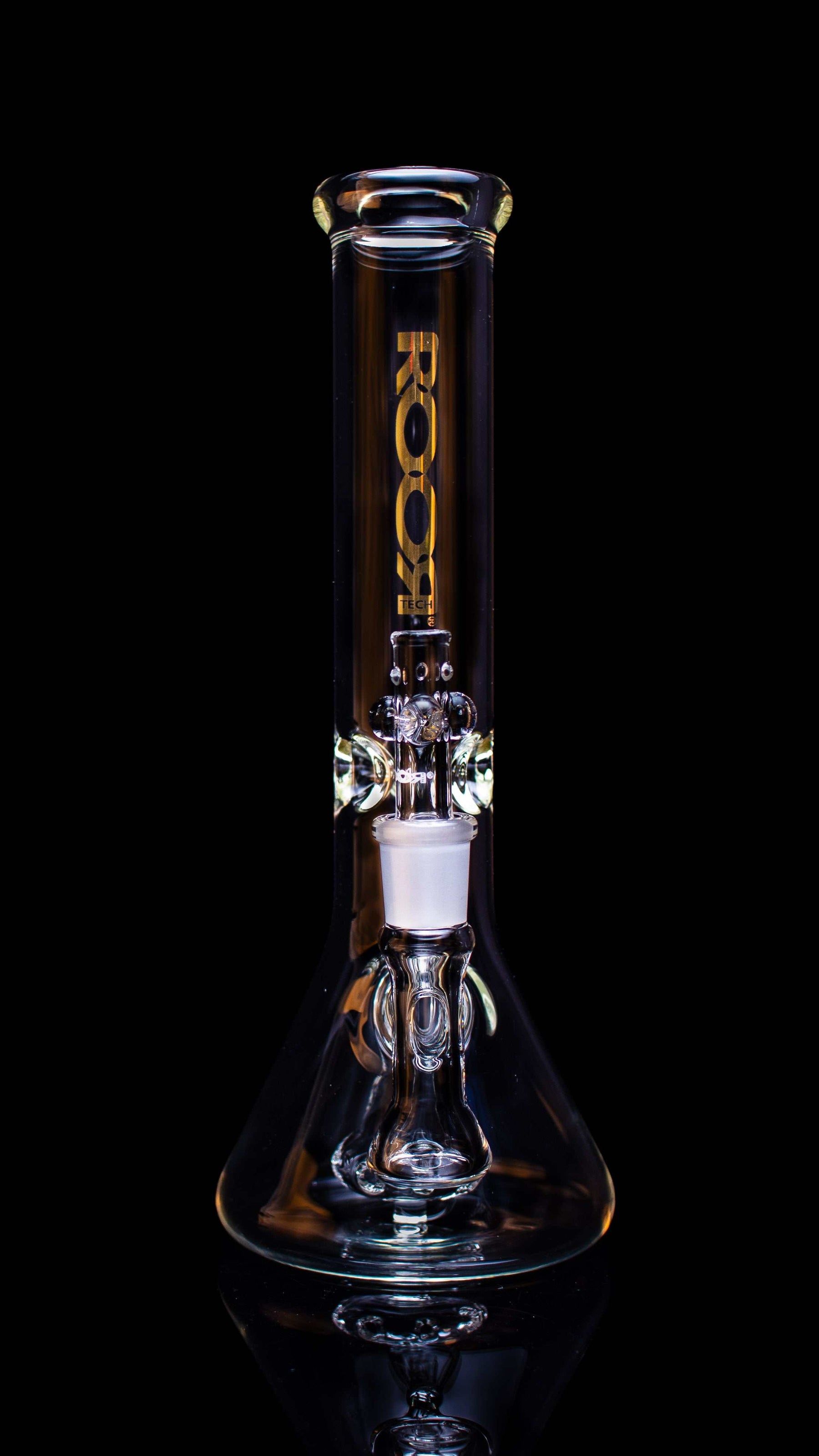 ROOR® Tech Fixed 14" Beaker 50x5mm Clear with decal logo, made from German Duran Schott glass, featuring ice-pinches and percolation slits.