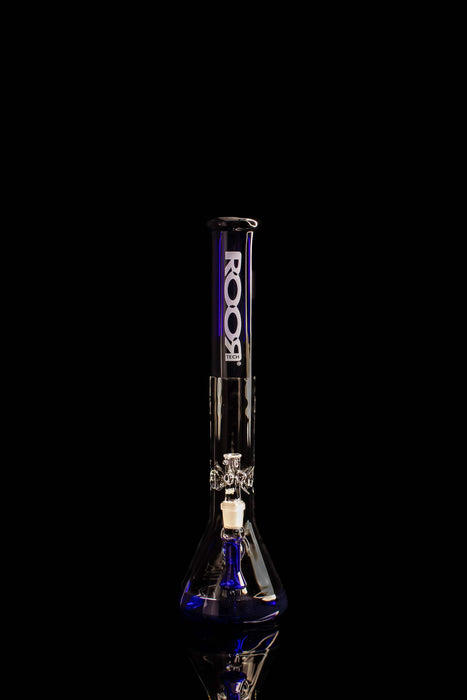 ROOR® Tech Fixed 18" Beaker 50x5mm Blue and Black with White Decal, featuring stemless design and built-in percolator.