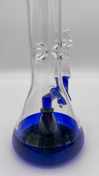 ROOR® Tech Fixed 18" Beaker with blue, black, and white decal, featuring 50x5mm German Duran Schott glass and built-in debris catcher.