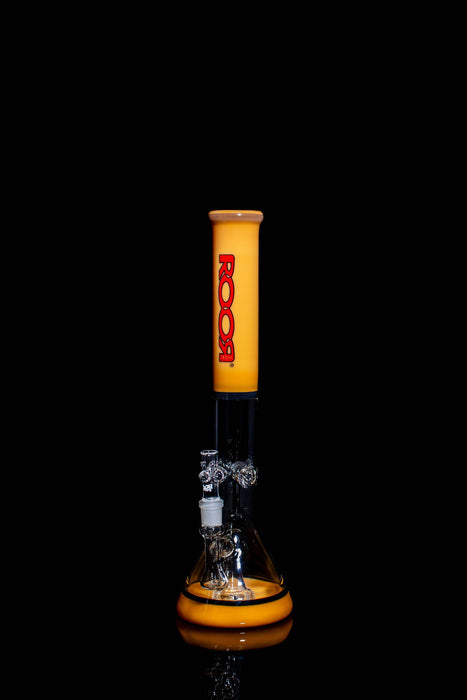 ROOR® Tech Fixed 18" Beaker 50x5mm in Tangie & Black with Clear Perk, featuring ice-pinches and built-in debris catcher.