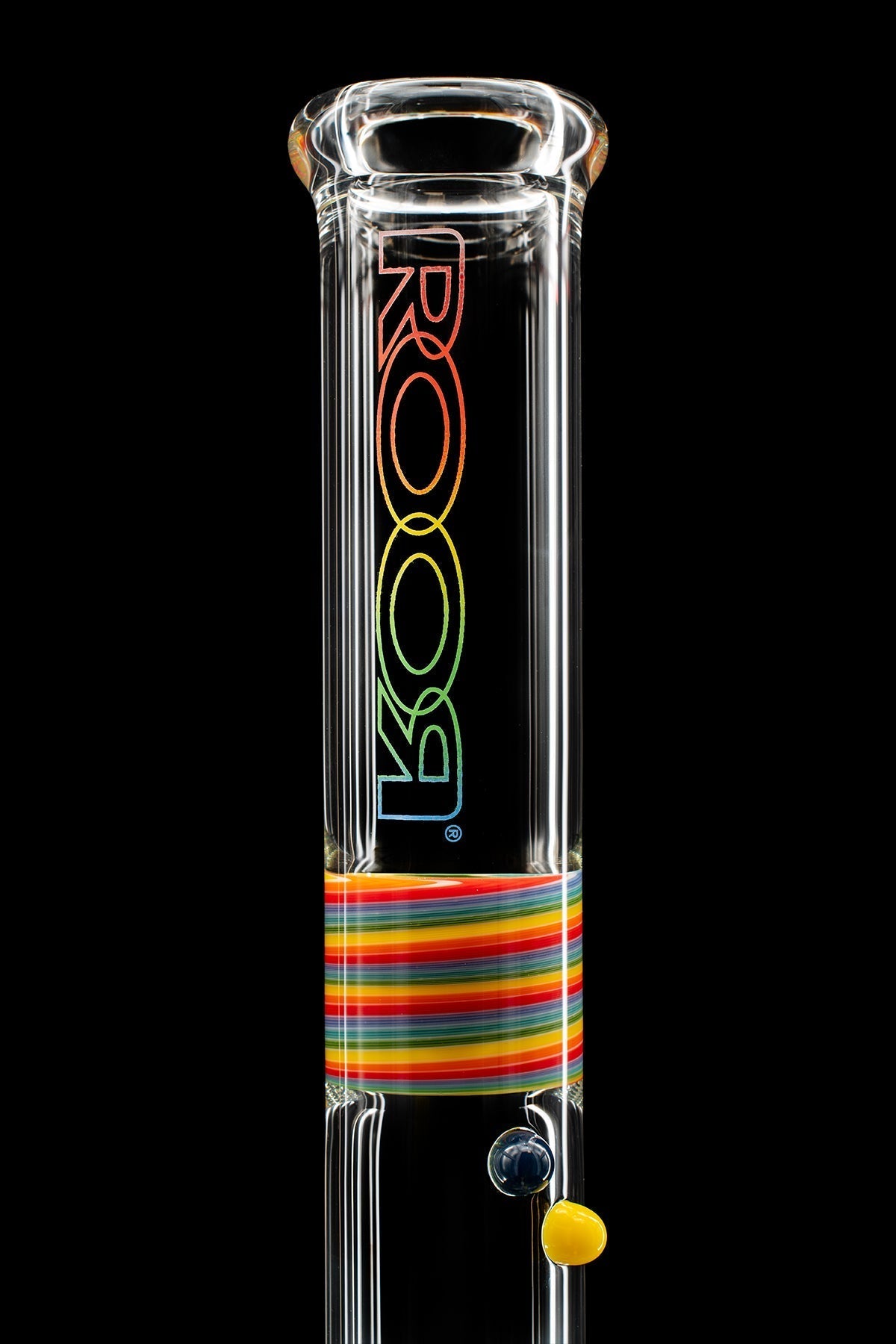 Clear 18-inch ROOR® Spectrum Series beaker with custom rainbow color section and classic funnel bowl