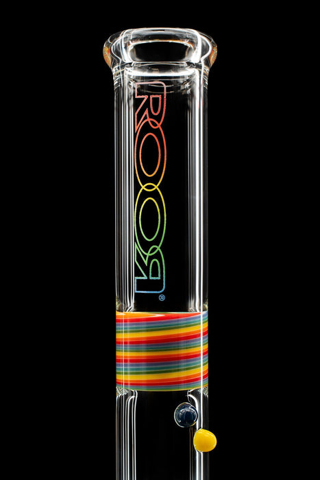 Clear 18-inch ROOR® Spectrum Series beaker with custom rainbow color section and classic funnel bowl