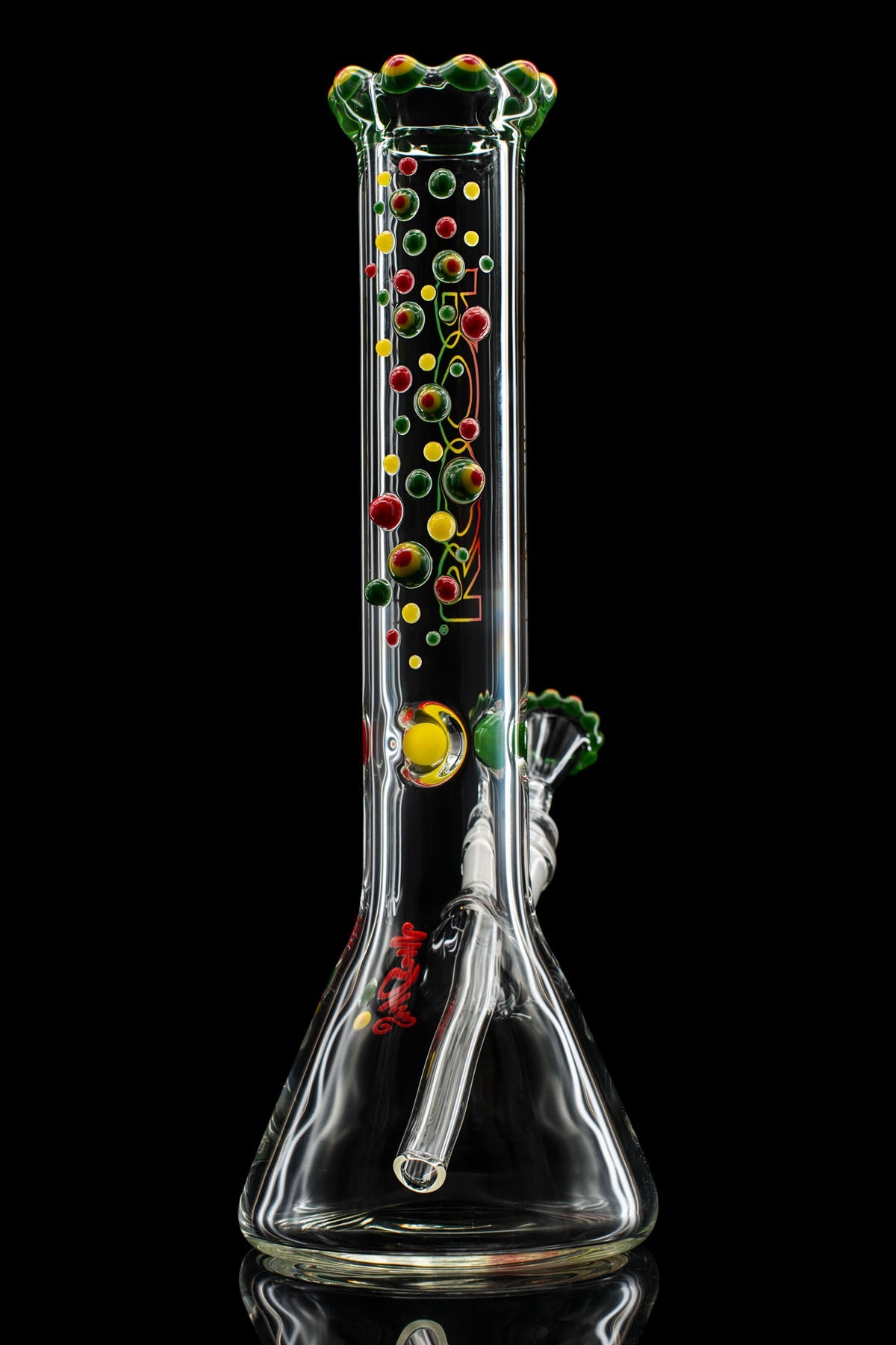 14" ROOR Rastafari Dottie Extravaganza beaker with Rasta colors and triple color crown upgrade