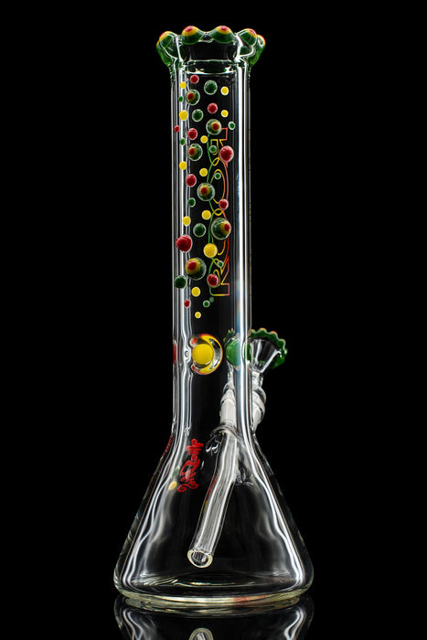 14" ROOR Rastafari Dottie Extravaganza beaker with Rasta colors and triple color crown upgrade