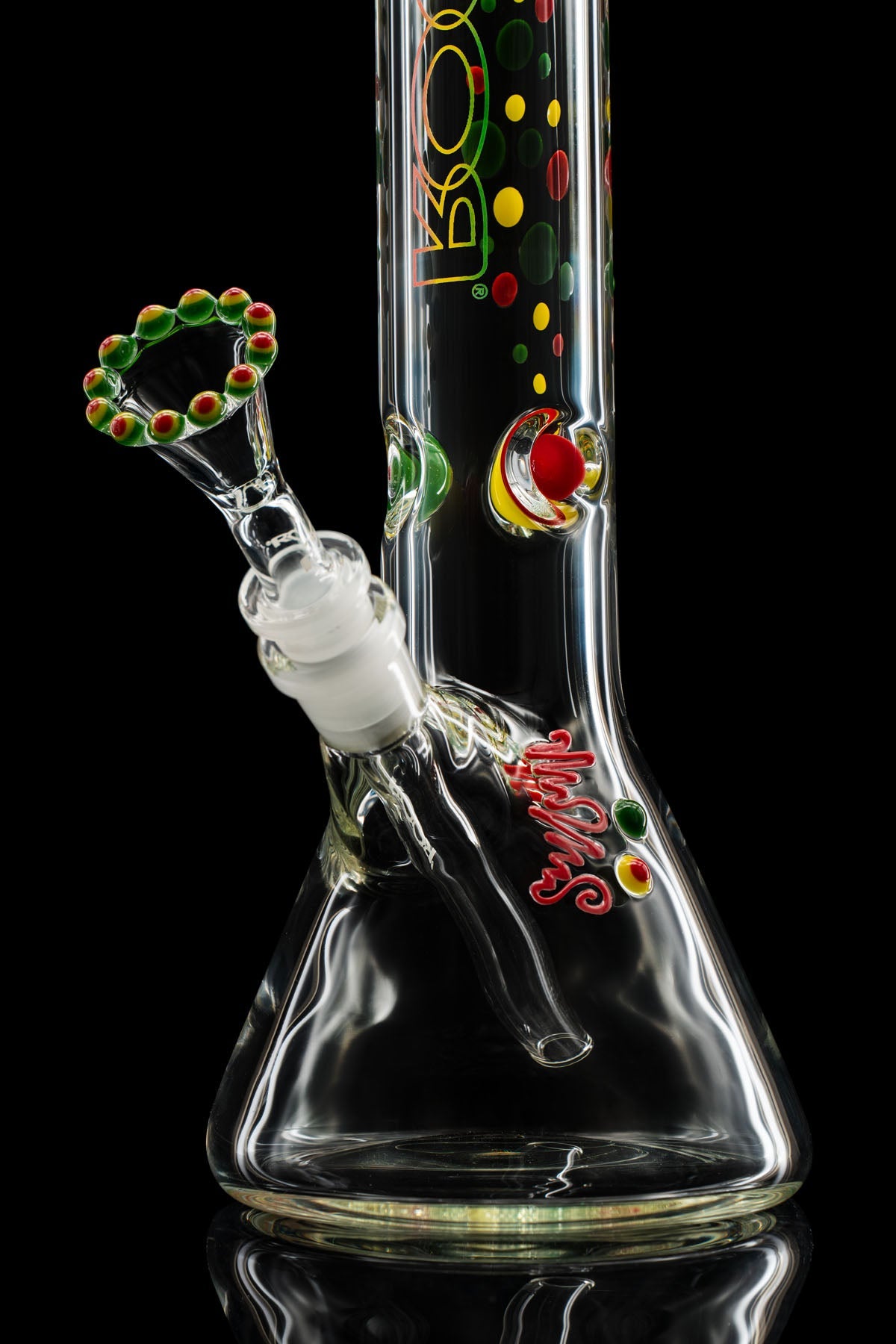 14" ROOR Rastafari Dottie beaker bong with triple color crown and Rasta raindrop accents