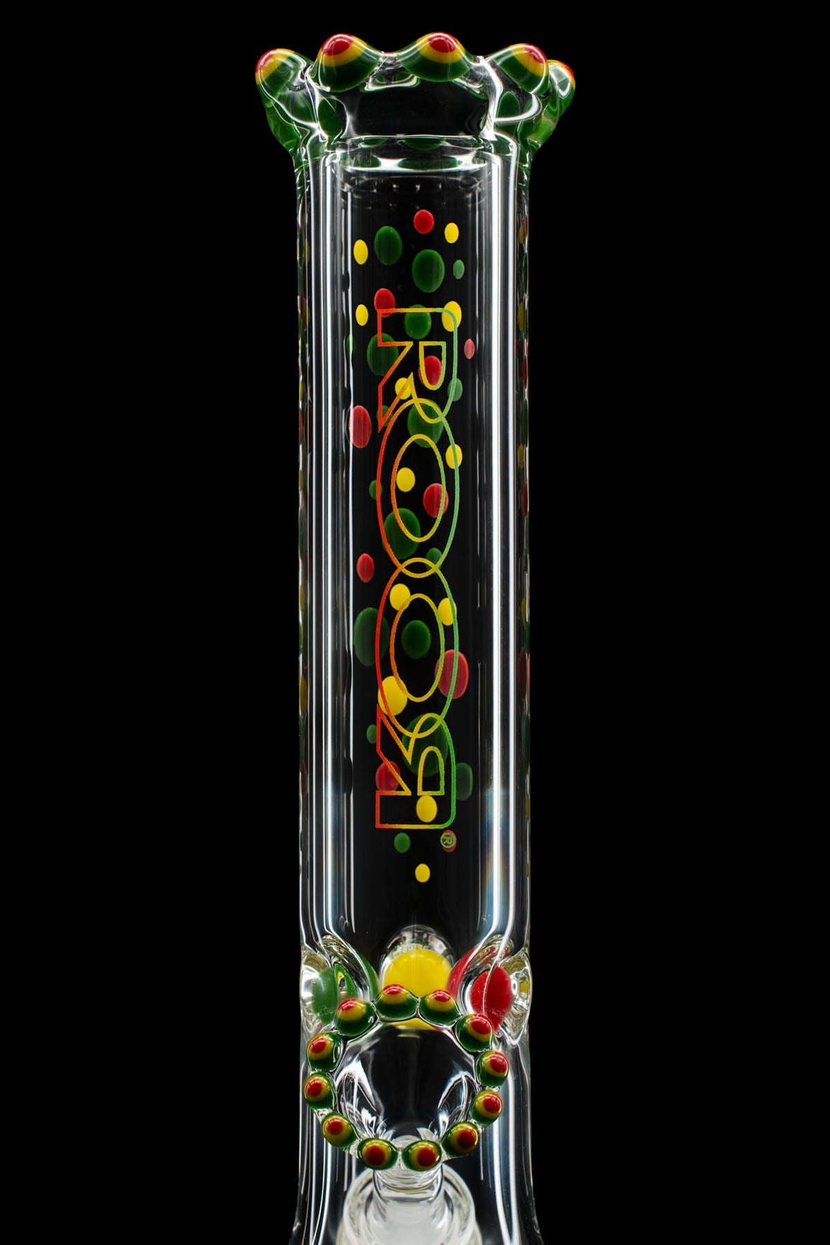 14" ROOR Rastafari Dottie Extravaganza beaker with Rasta colors, triple color crown, and raindrop accents