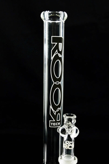 Clear ROOR® Tech 14” Bubbler with black and white logo and 14.5mm male bowl on transparent glass body