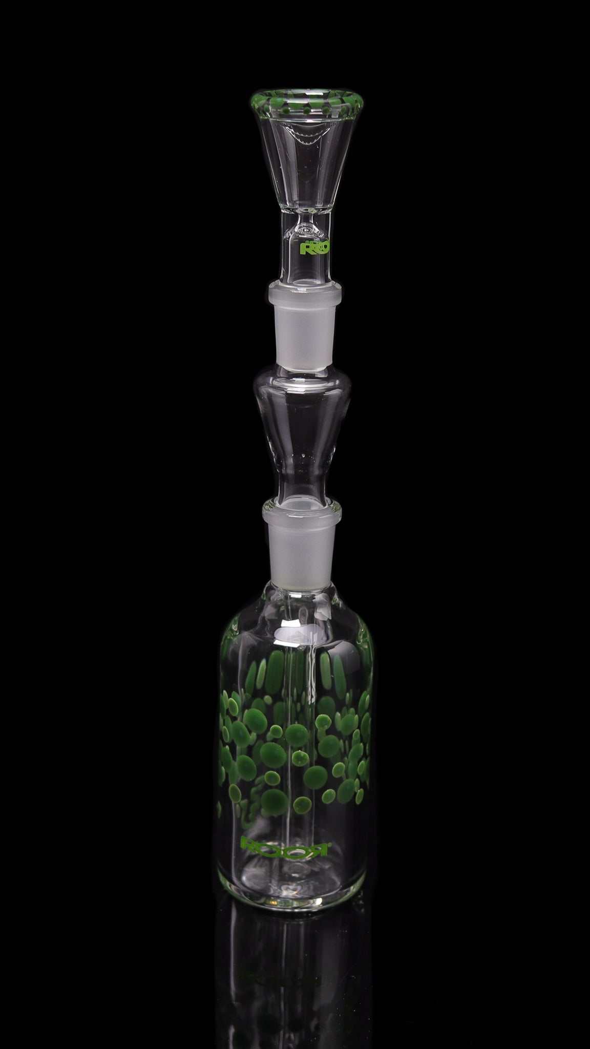 ROOR® Classic Ash Catcher 14.5mm joint with green pearl dot design and clear glass body