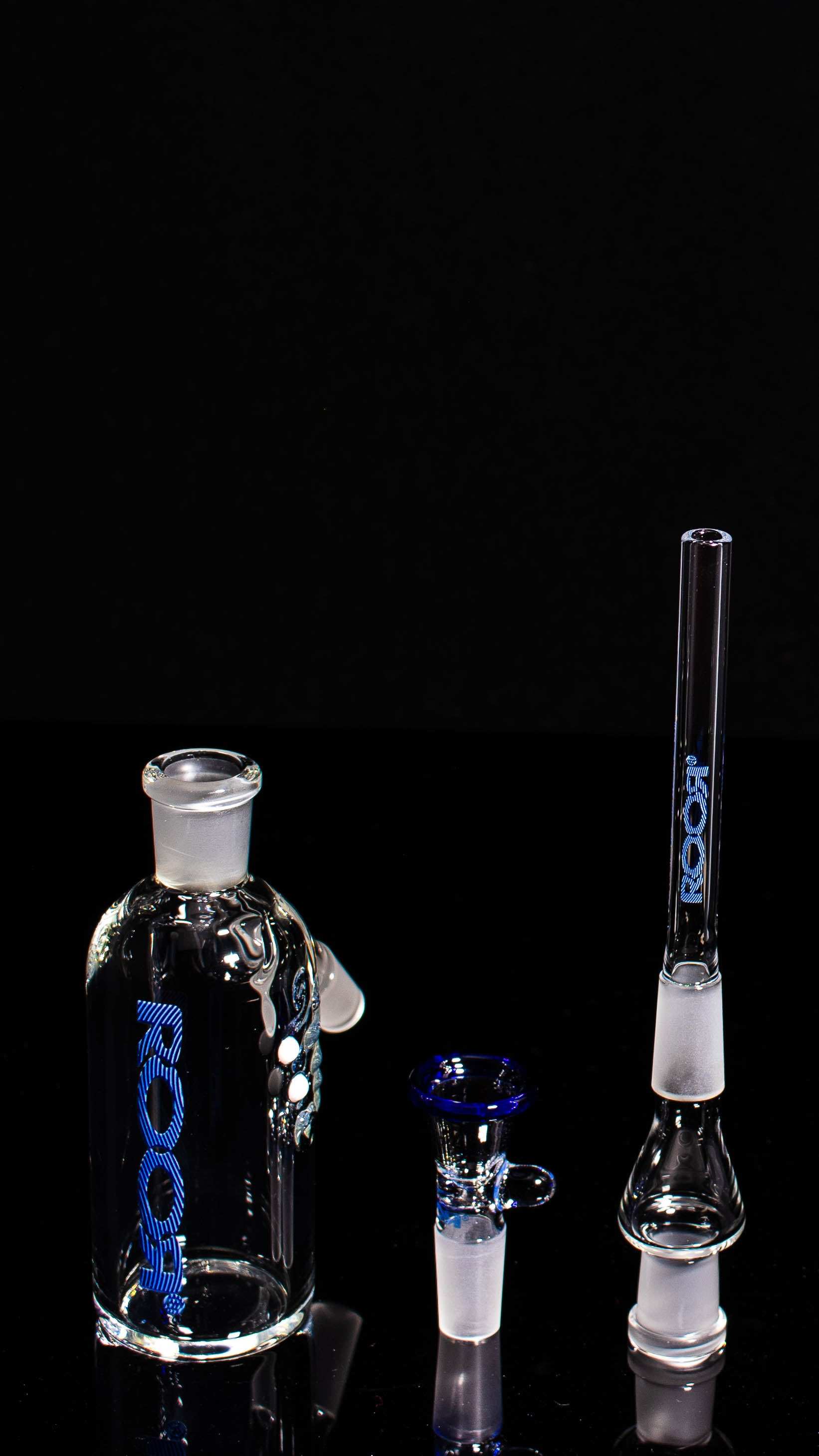 ROOR® Classic Ash Catcher 14.5mm Joint BLUE Edition with glass body and blue decals.