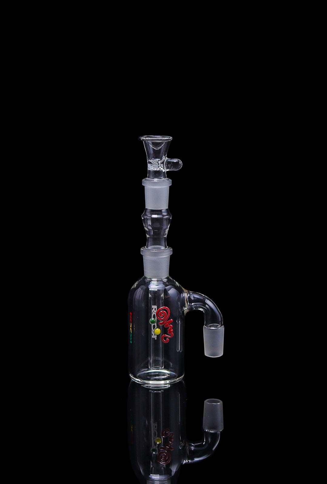 ROOR® Classic Ash Catcher with 14.5mm joint, clear glass with decals, 45° angle arm, black background.