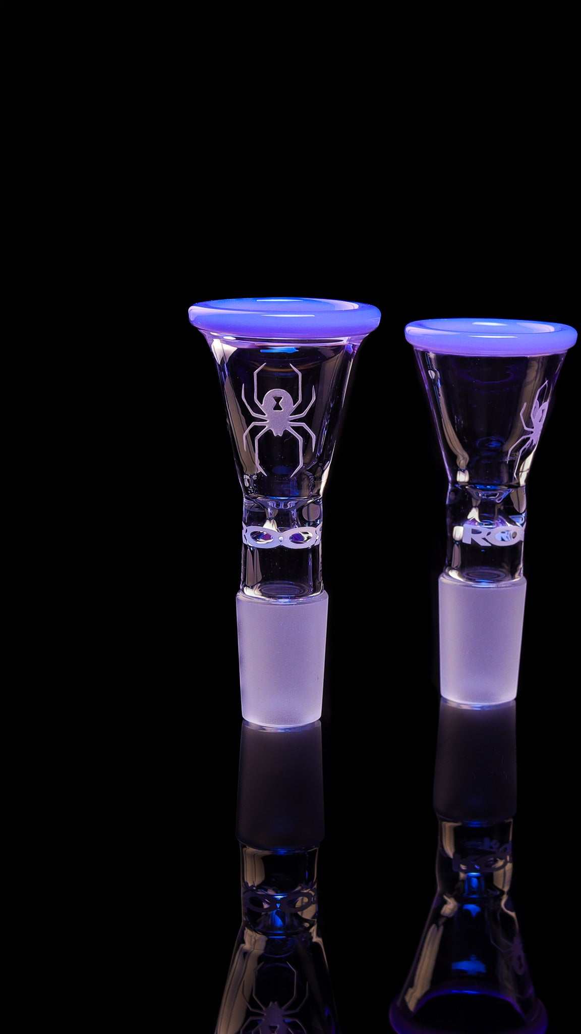 ROOR Custom Bowl Sandblasted White Widow design with milky purple rim and medium funnel joint.