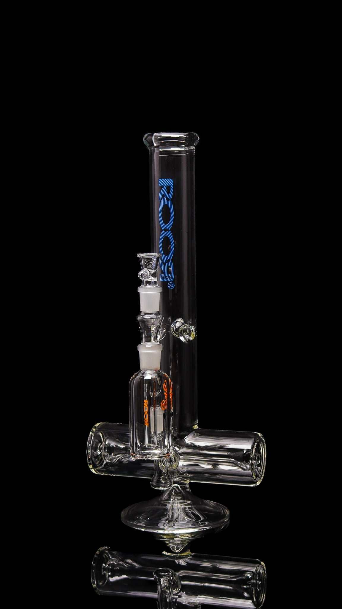 ROOR Tech Inline 18" glass water pipe with blue logo and orange ash catcher collector set