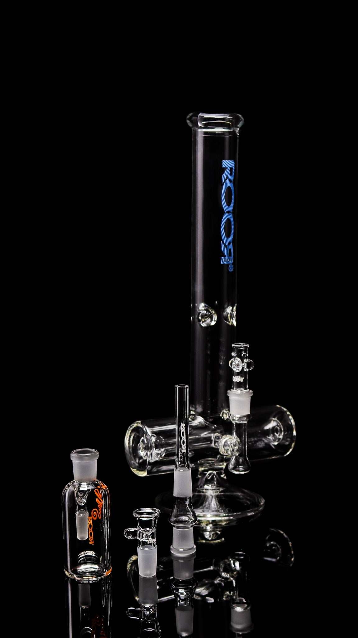 ROORTech® Inline 18" 50x5mm glass water pipe with Too Blue decal and ROOR® Classic Orange Ash Catcher collector set on black background