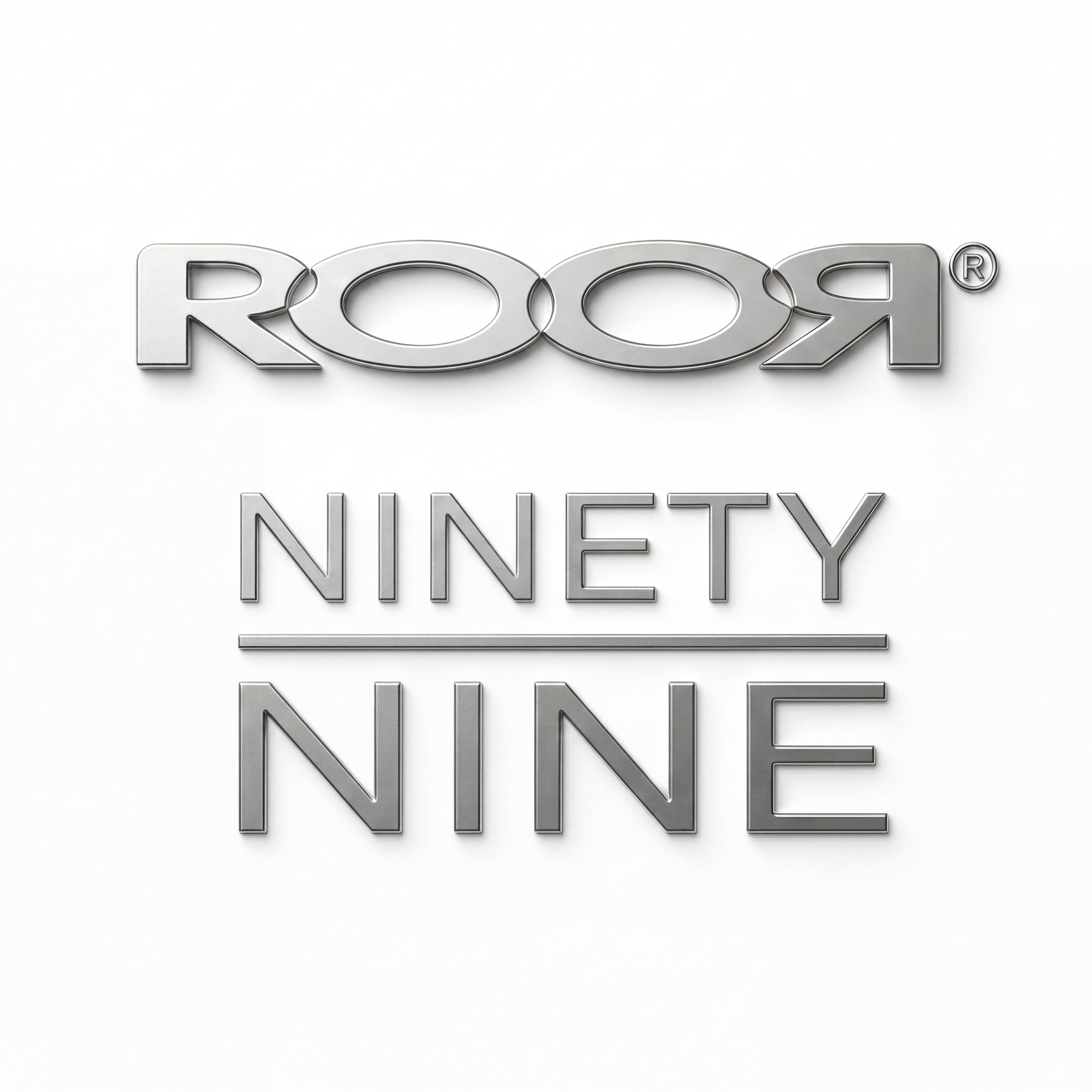 The image shows a metallic silver 3D logo for 'ROOR' with 'NINETY NINE' written below it on a plain white background.