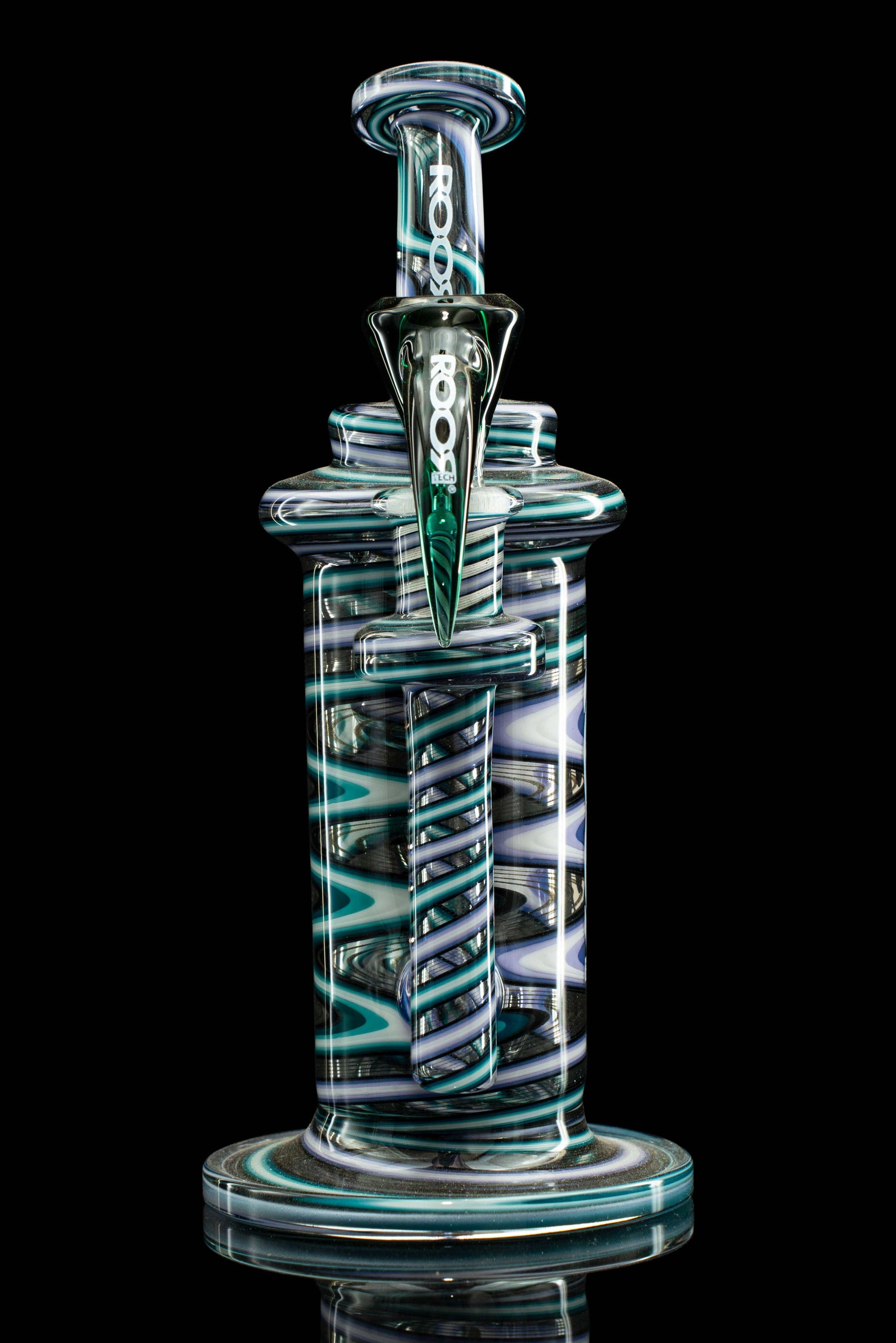 ROOR Tech Klein Recycler Custom Color Worked Spacey Purple glass water pipe with intricate design.