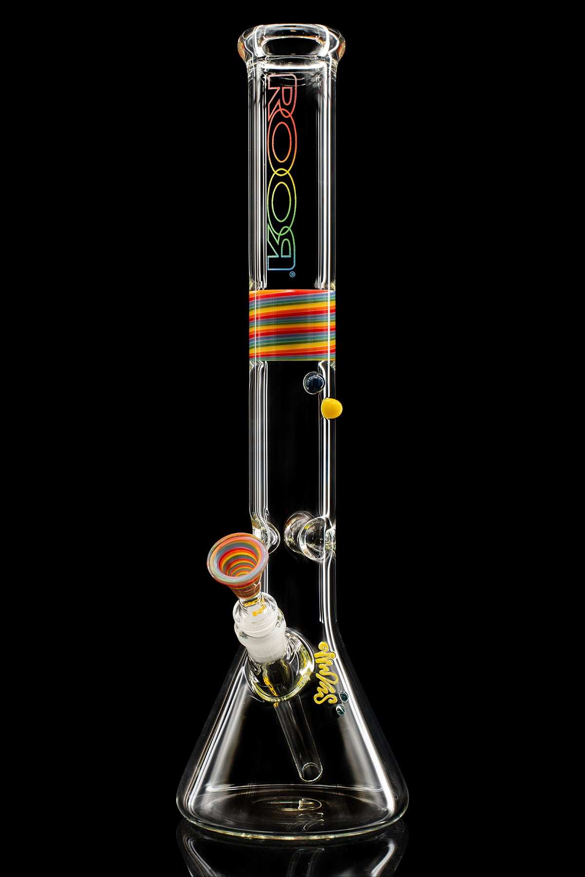 Clear 18" ROOR® Spectrum Series beaker with custom rainbow color section and classic downstem and funnel bowl