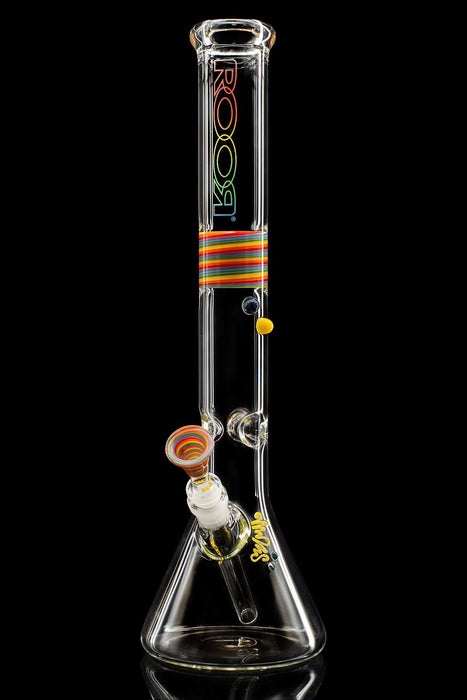 Clear 18" ROOR® Spectrum Series beaker with custom rainbow color section and classic downstem and funnel bowl