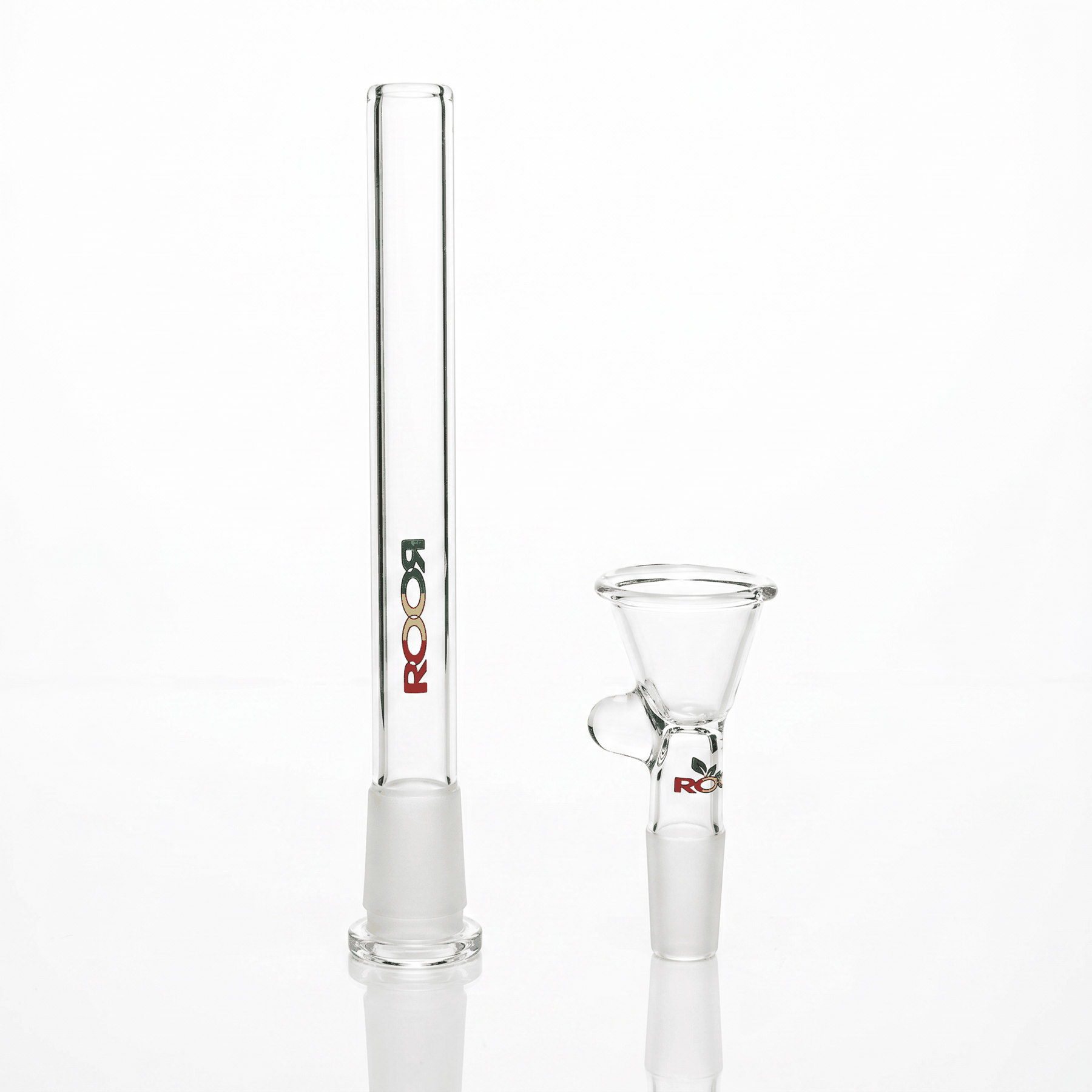 ROOR Downstem and Bowl Set with vibrant Rasta color decals on glass tube accessory