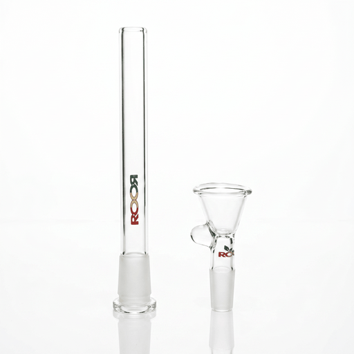 ROOR Downstem and Bowl Set with vibrant Rasta color decals on glass tube accessory