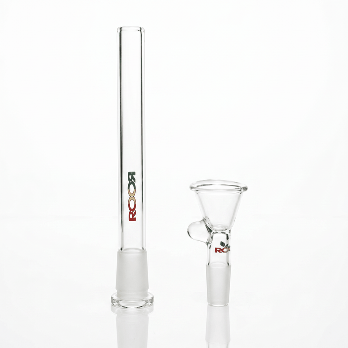 ROOR Downstem and Bowl Set with vibrant Rasta color decals on glass tube accessory