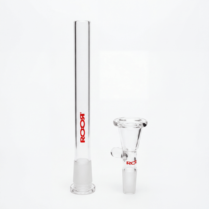 ROOR® Red Decal Downstem and Bowl Set for glass tubes with vibrant matching colors and 14mm male bowl compatibility