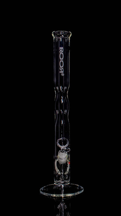ROOR® Custom 30th Anniversary clear glass bong 18" tall with narrowing design, sandblasted logo, marble detail, and 45mm diameter