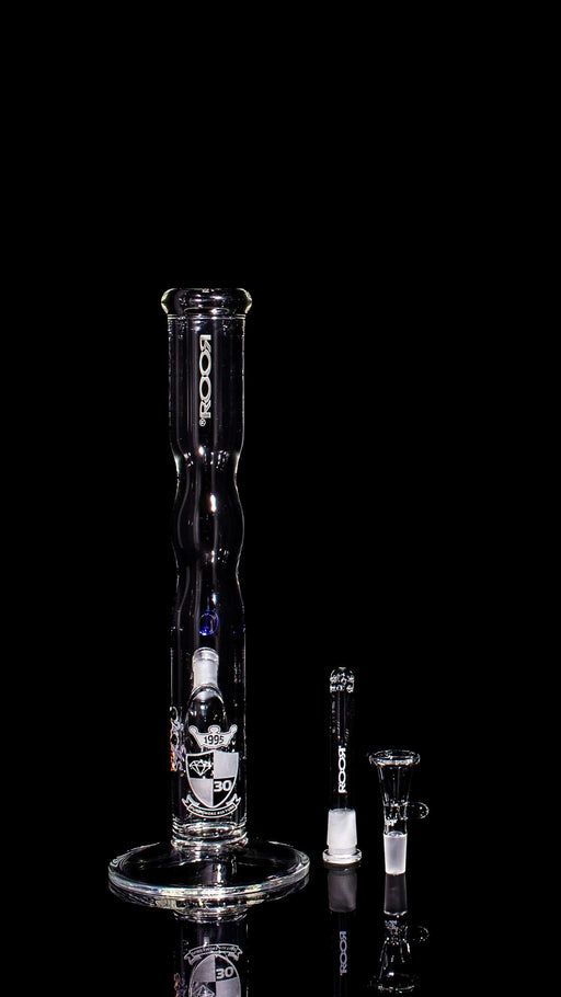 ROOR® Custom 30th Anniversary 14" clear glass bong with narrowing design, marble accent, sandblasted logo, and 30th anniversary shield, featuring 45mm diameter and 5mm thickness