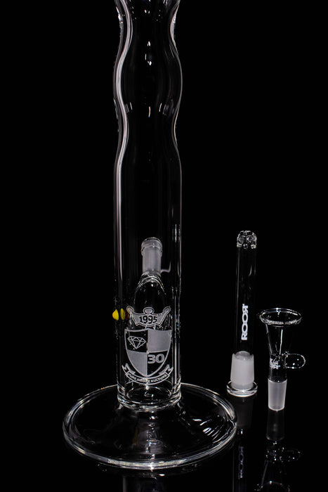 ROOR® Custom 30th Anniversary 18" clear glass bong with narrowing design, sandblasted logo, marble detail, and numbered 1/1 edition