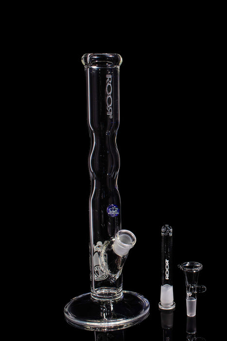 ROOR® Custom 30th Anniversary 14-inch clear glass straight water pipe with narrowing design and marble detail, sandblasted logo, 45mm diameter, 5mm thickness, and low-profile 13-hole downstem