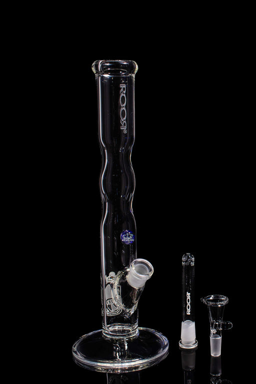 ROOR® Custom 30th Anniversary 14-inch clear glass straight water pipe with narrowing design and marble detail, sandblasted logo, 45mm diameter, 5mm thickness, and low-profile 13-hole downstem