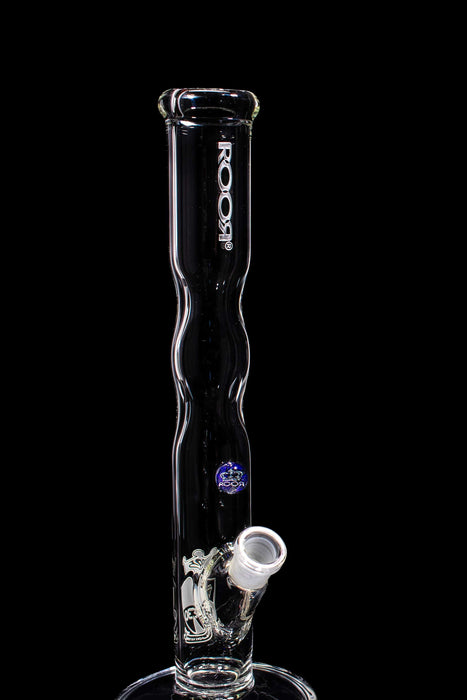 ROOR® Custom 30th Anniversary straight 14" glass bong with narrowing design, sandblasted logo, and marble decoration on clear body
