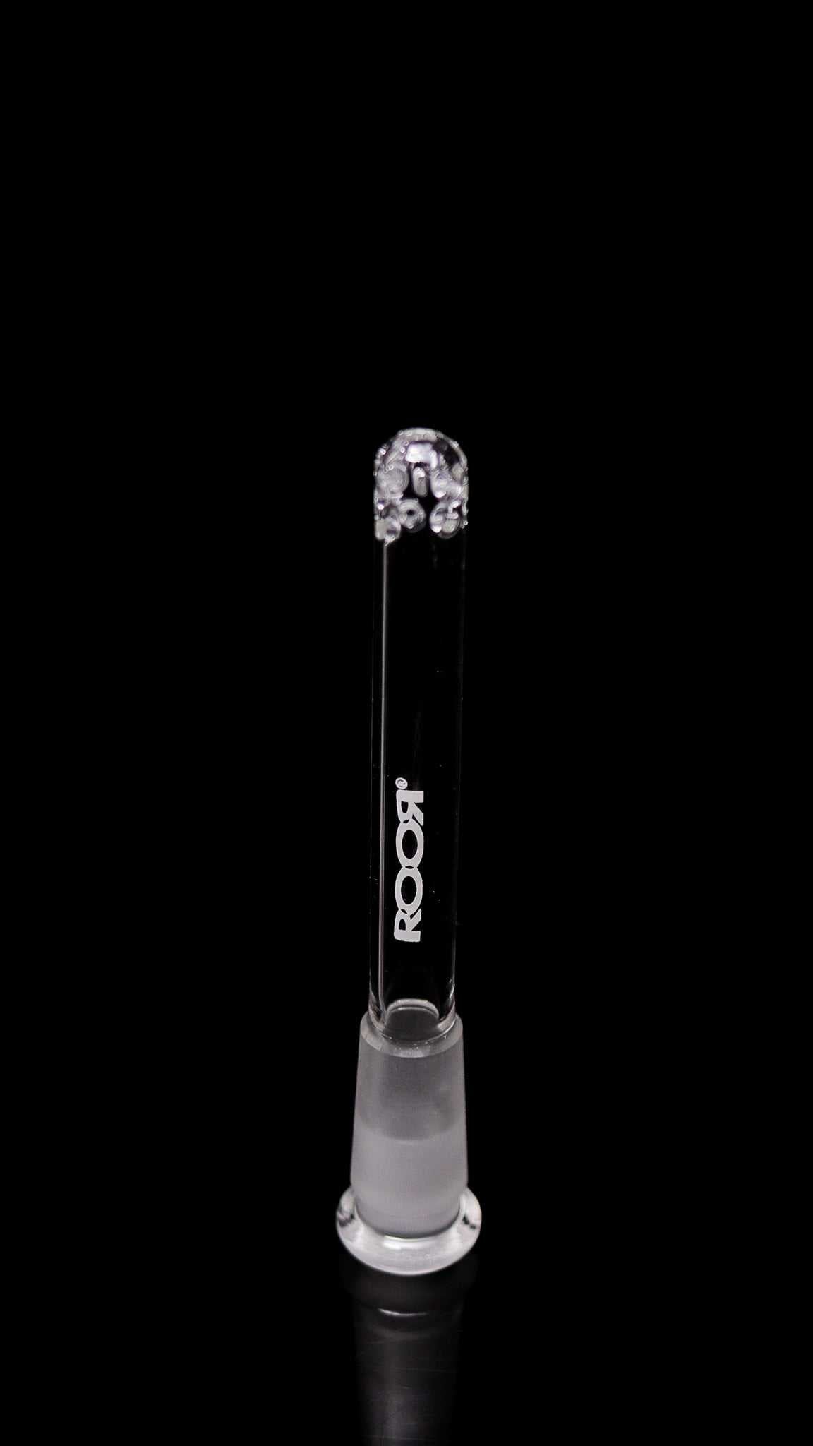 ROOR® Mini Downstem 14.5mm to 10mm glass accessory on black background.