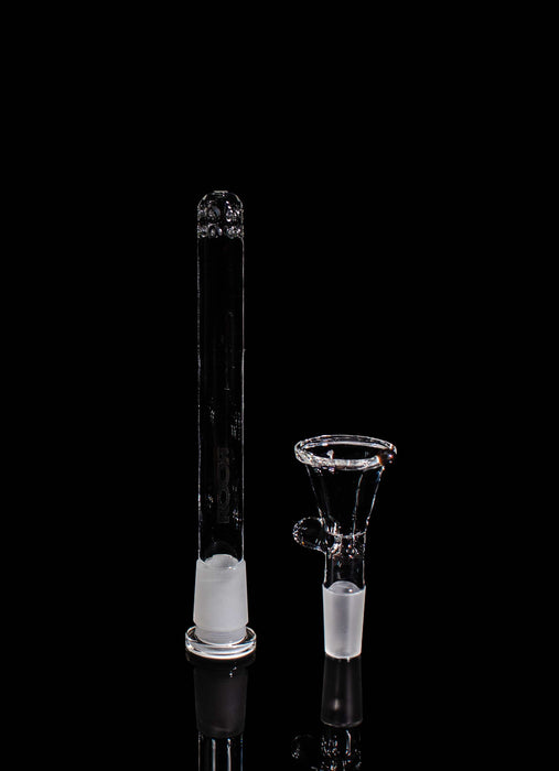 ROOR® Downstem & Bowl Set with Black Decal, glass accessories on black background.