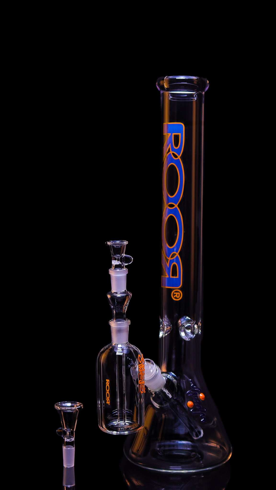 Exclusive ROOR 18" Beaker 50x5 Blue Orange Bundle Set with Ashcatcher.