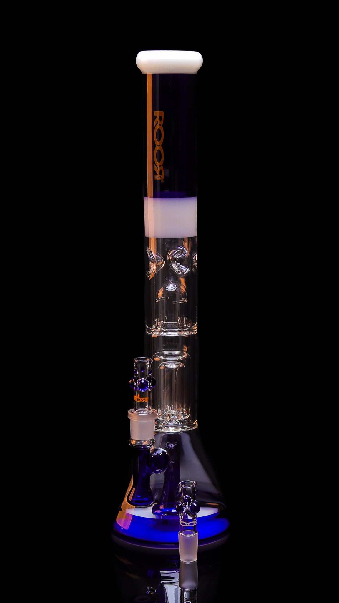 Collectors Set - ROORTech® Fixed 18" Beaker 50x5mm with Barrel Perc and 10 Arm Ashcatcher in Blue & White color.