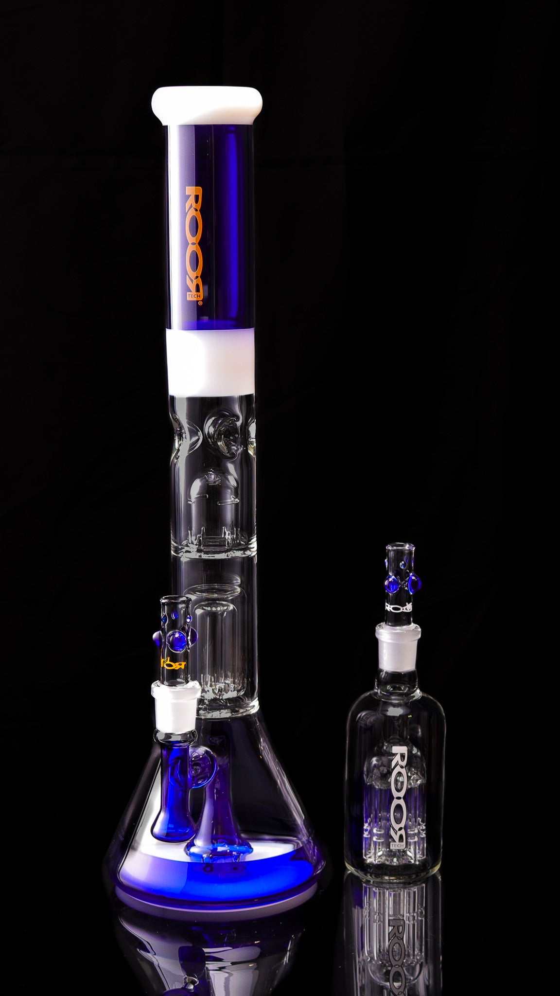 Collectors Set - ROORTech® Fixed 18" Beaker 50x5mm Barrel Perk Blue & White; Matching 10 Arm Ashcatcher Included.