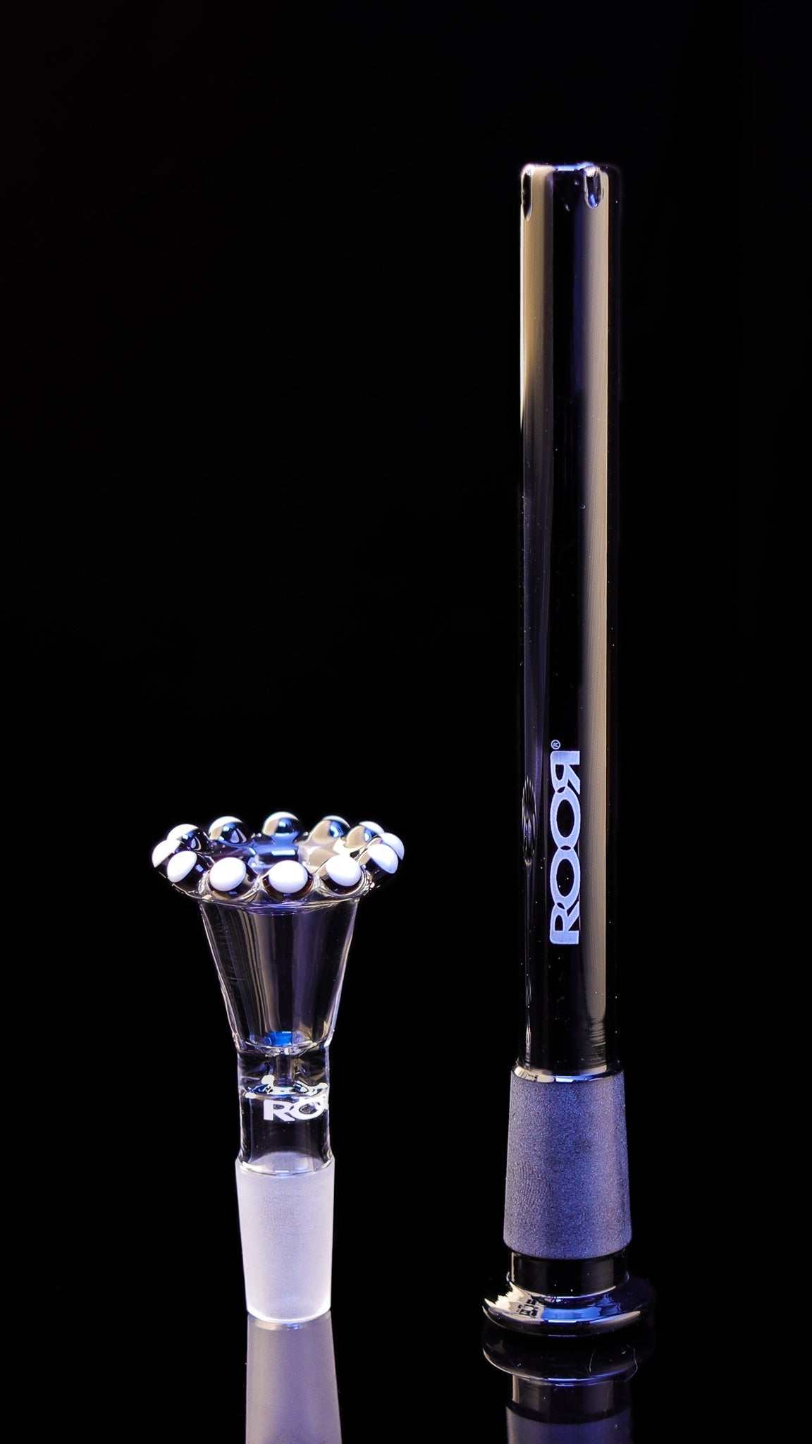 ROOR® Crown style funnel bowl and full color downstem set with 14mm joint and black finish against black background