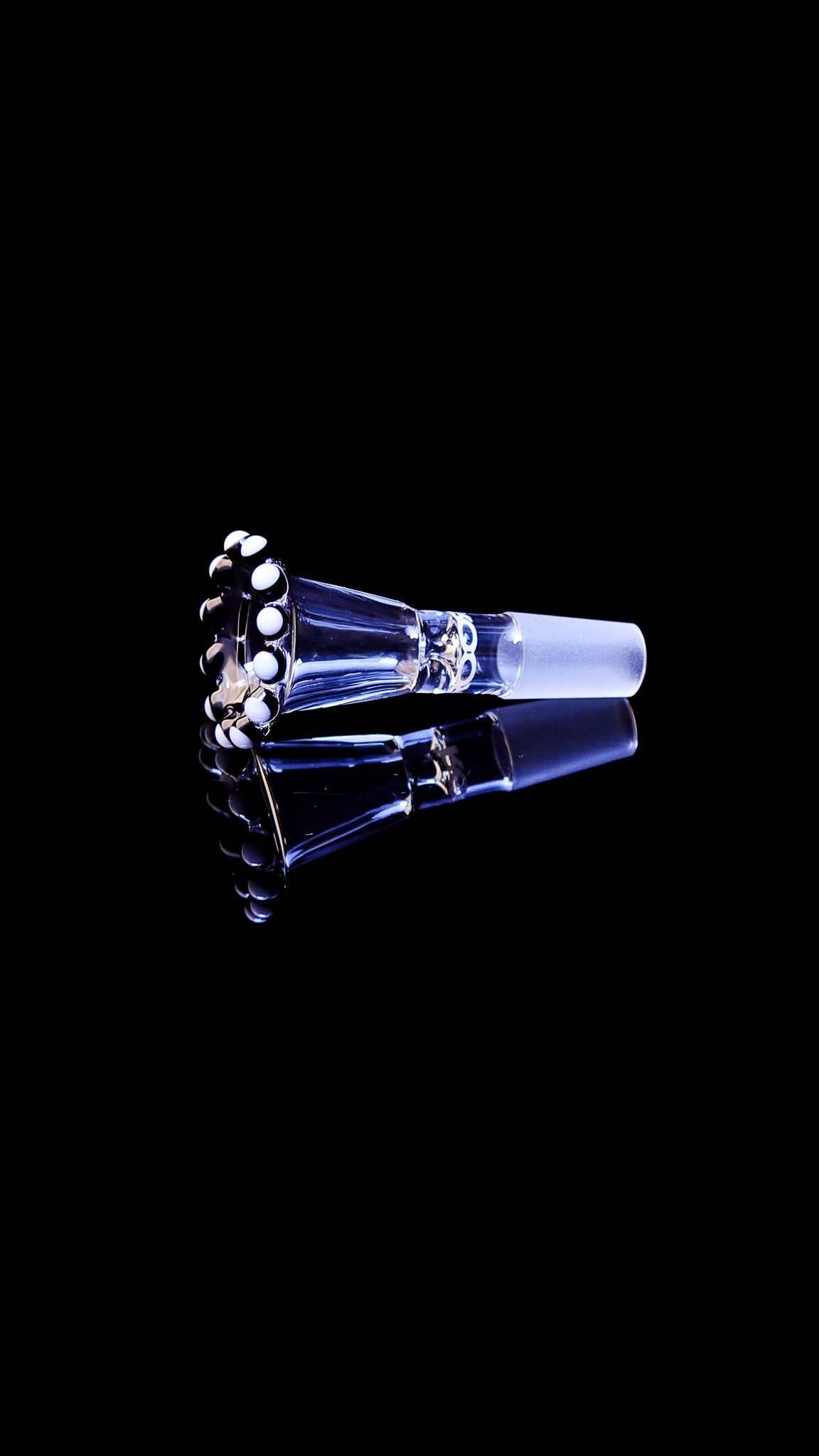 ROOR® Crown 14mm glass funnel bowl with black and white accents and full color downstem on black background